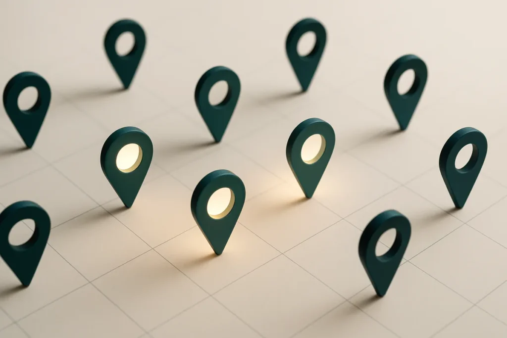 Abstract overhead view of location markers with three highlighted